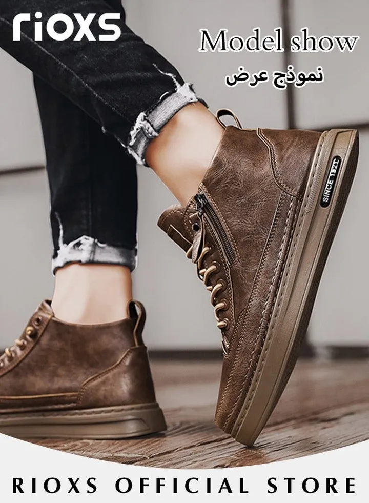 Men's Casual Fashion Patent Leather Shoes High Top Sneakers Lightweight Lace Up Flat Shoes