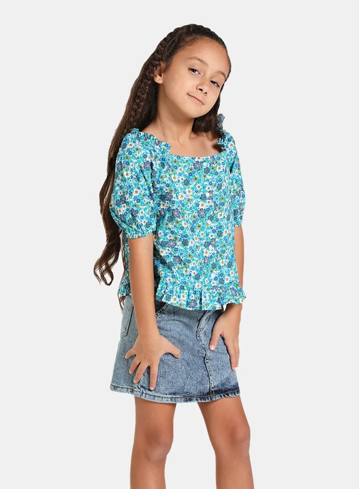 Puff Sleeve Floral Print Blouse Blue