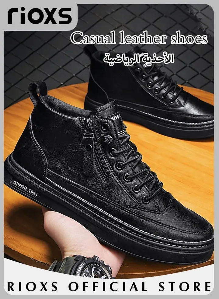 Men's Casual Fashion Patent Leather Shoes High Top Sneakers Lightweight Lace Up Flat Shoes