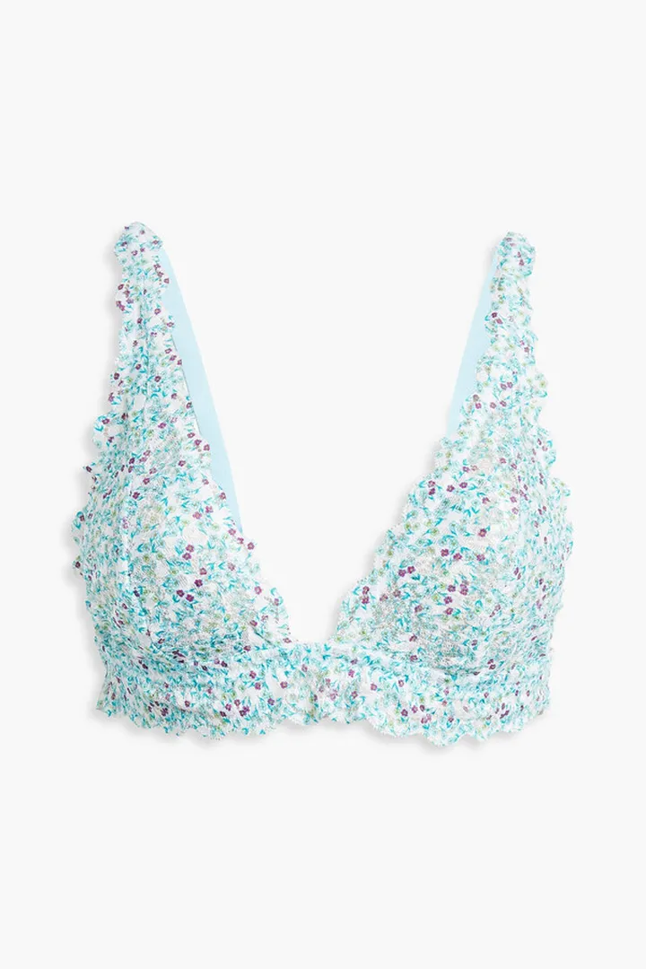 Floral-print stretch-lace soft-cup triangle bra