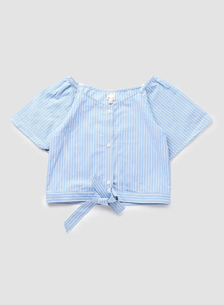Girls Boat Neck Puff Sleeve Blouse Light Blue