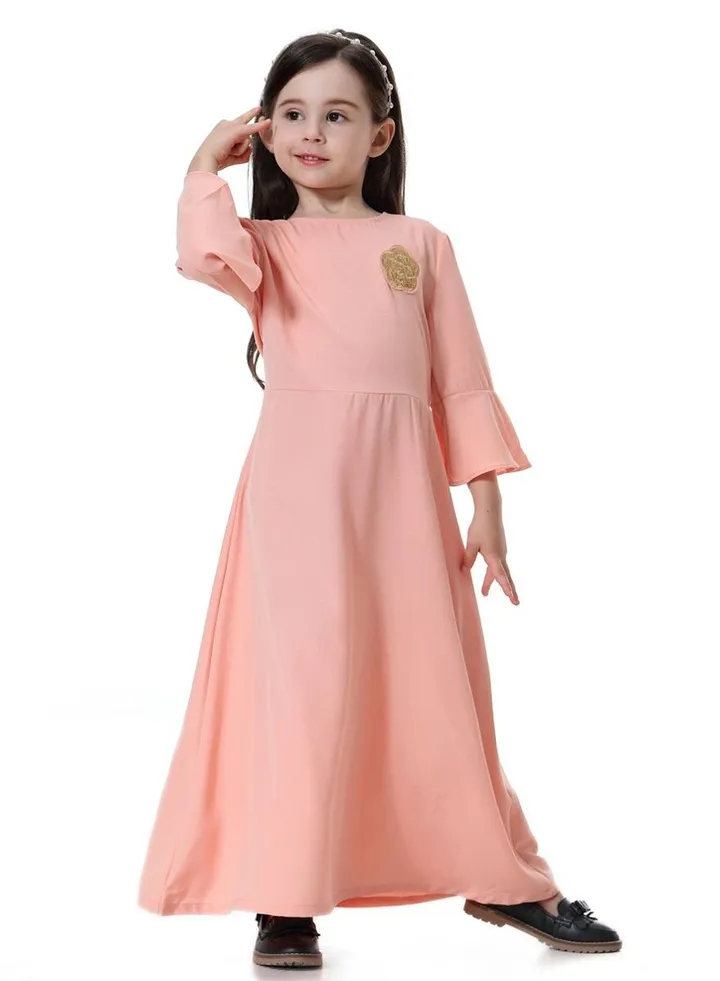 Girls Decal Dress Long Dress With Flared Sleeves Orangepink