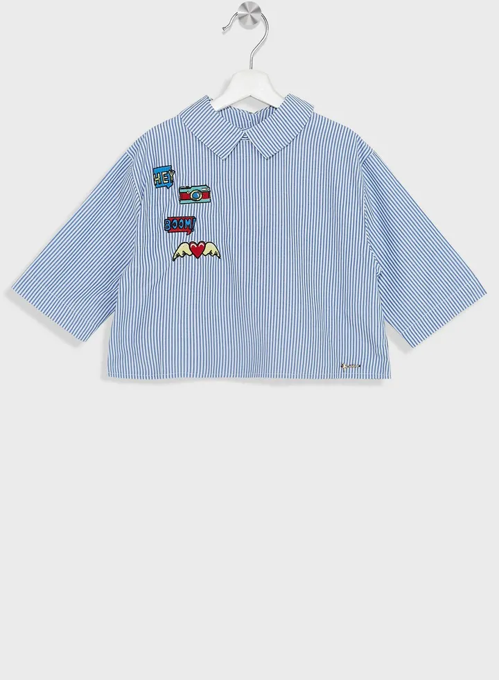 Natilene Girls Striped Peter Pan Collar Applique Pure Cotton Crop Top