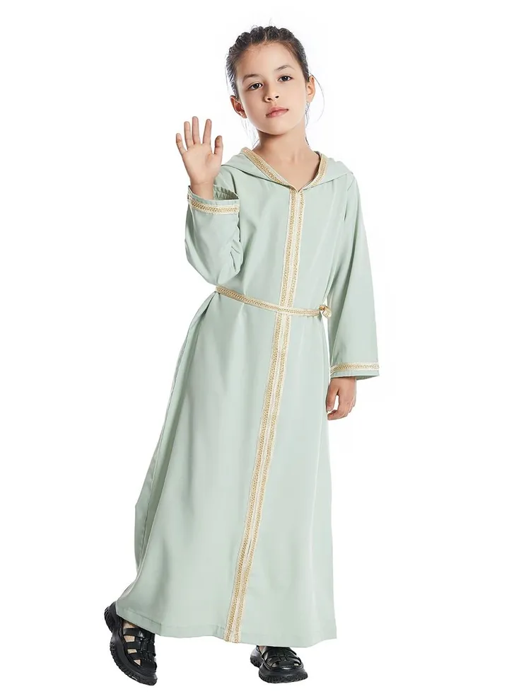 Girl's Lace-Up Hooded Long Sleeve Maxi Long Dress Light Green