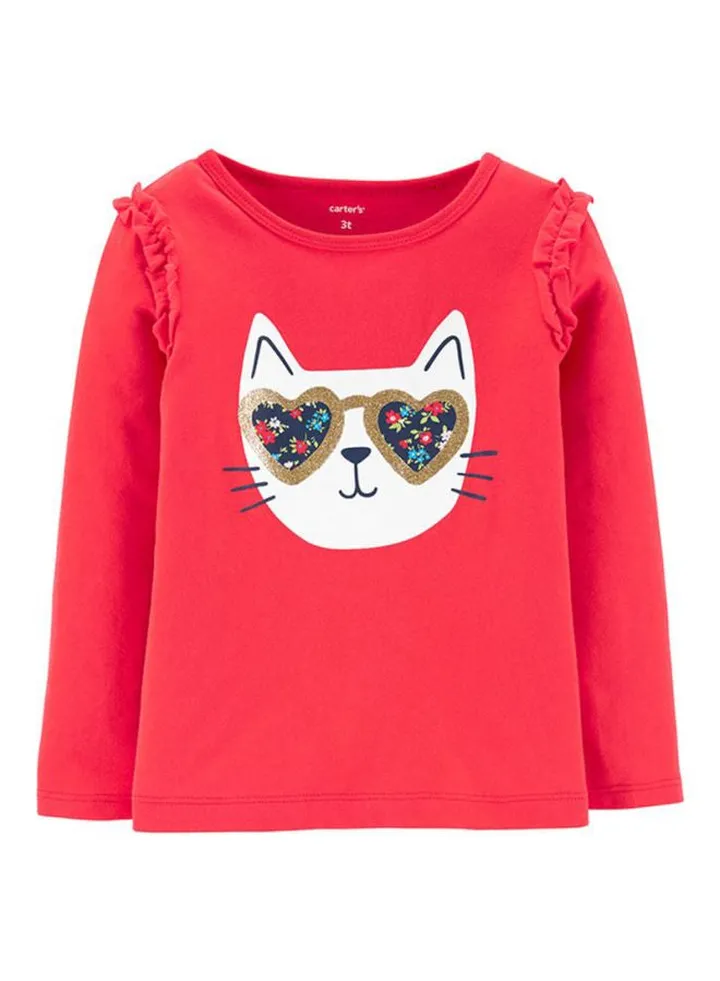 Girls Long Sleeve Cat Ruffle T-Shirt Red/White/Brown