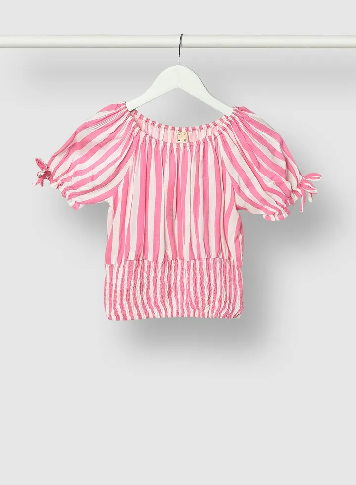 Round Neck Short Sleeve Blouse With Sleeve Bow Pink/White