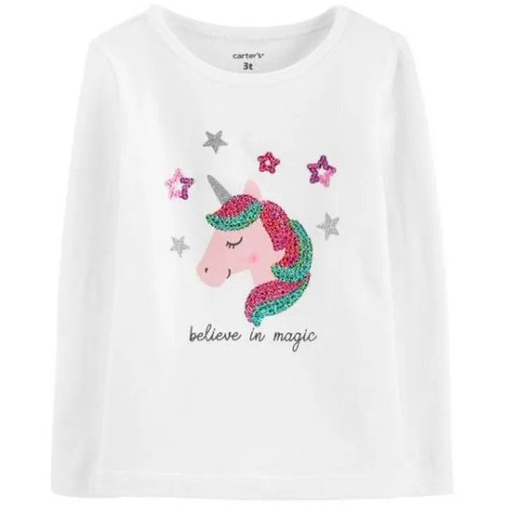 Sequin Unicorn Printed Jersey T-Shirt Ivory