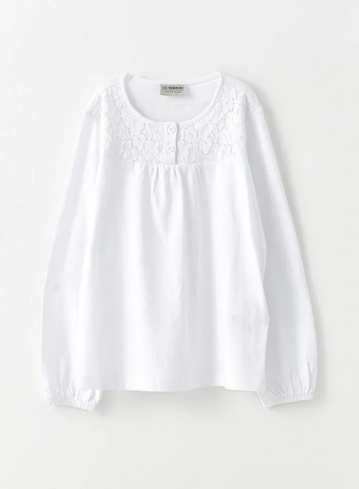 Crew Neck Embroidered Long Sleeve Girl T-shirt