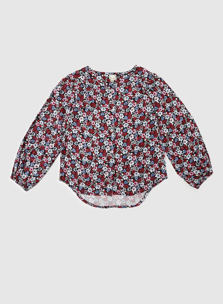 Girls Round Neck Long Sleeve Blouse Black/White/Red