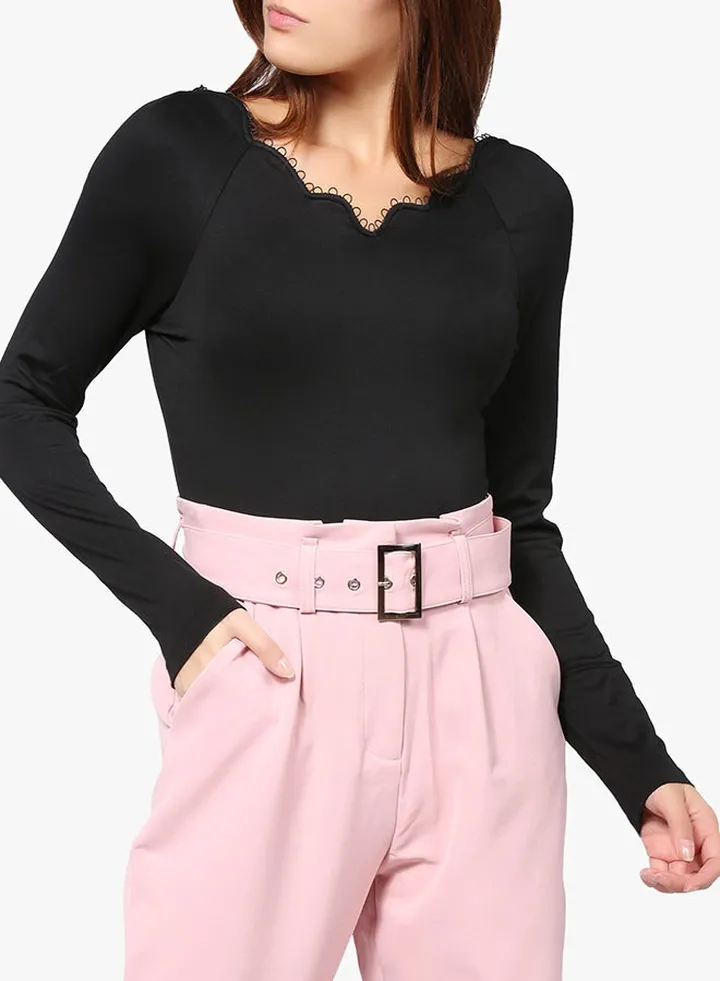 Scallop Trim Long Sleeve Bodysuit Black