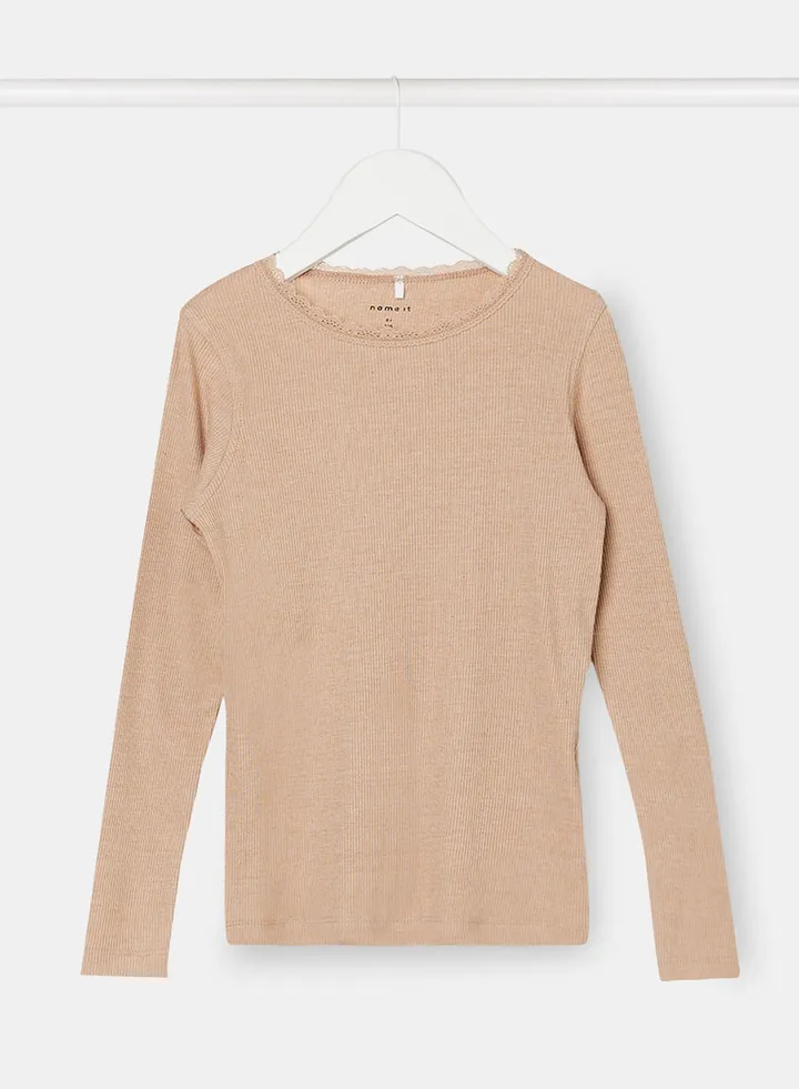 Girls Lace Neckline Ribbed T-Shirt
