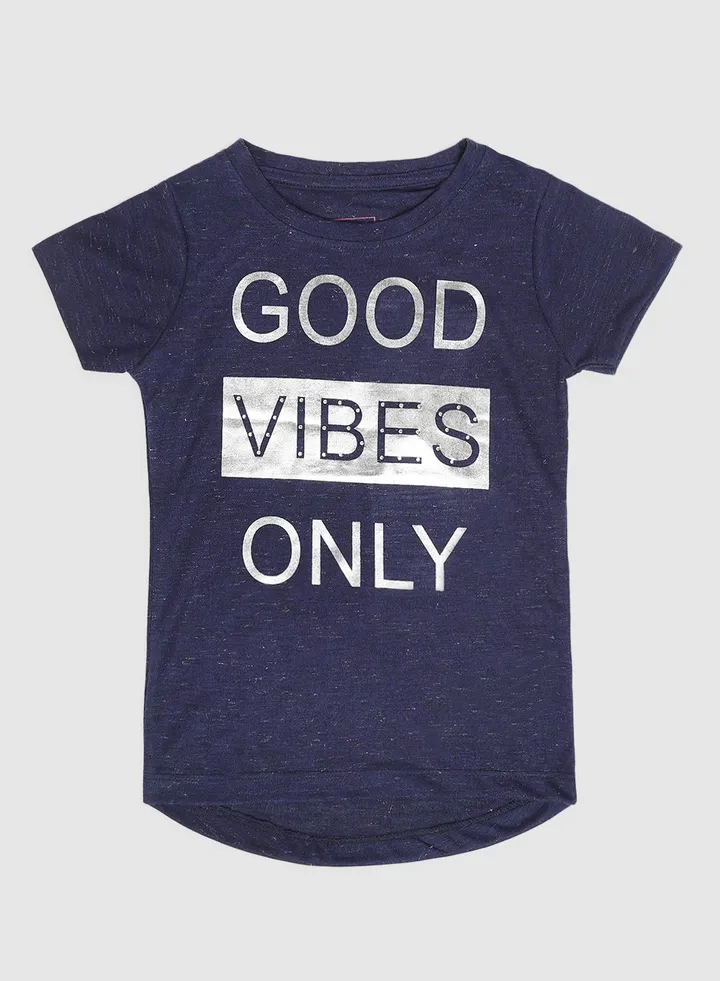Girls Crew Neck Short Sleeve T-Shirt Navy Blue/White