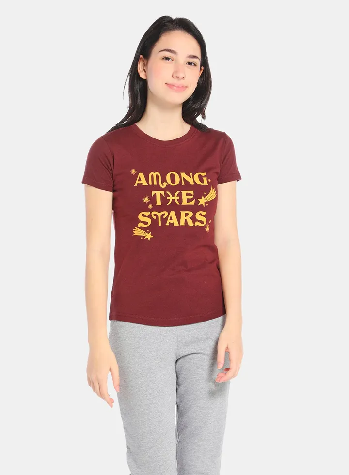 Girls Round Neck Short Sleeve T-Shirt Maroon