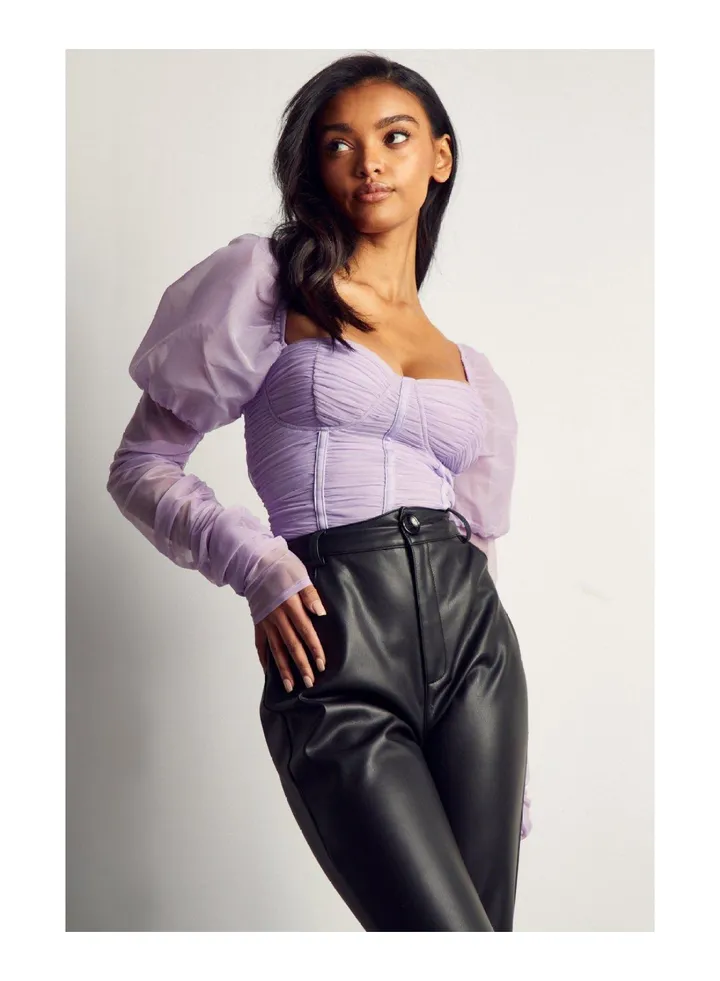Mesh Ruched Puff Sleeve Bodysuit
