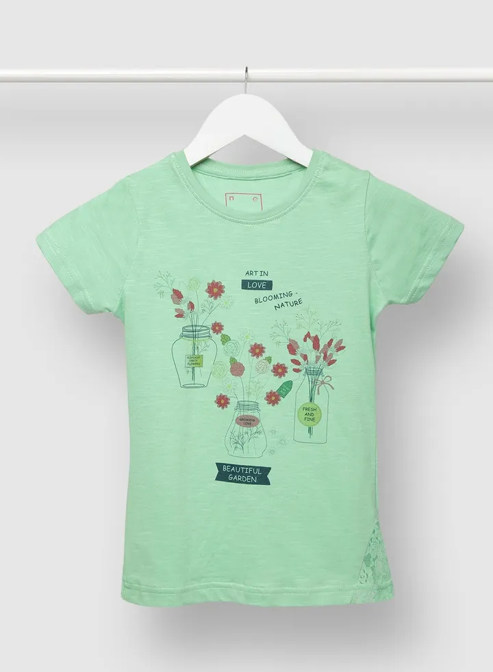 Graphic Floral Printed Round Neck T-Shirt Light Green