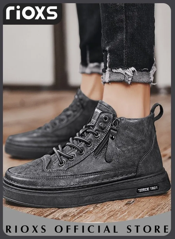 Men's Fashion Patent Leather Shoes Casual High Top Sneakers Lightweight Lace Up Flat Shoes
