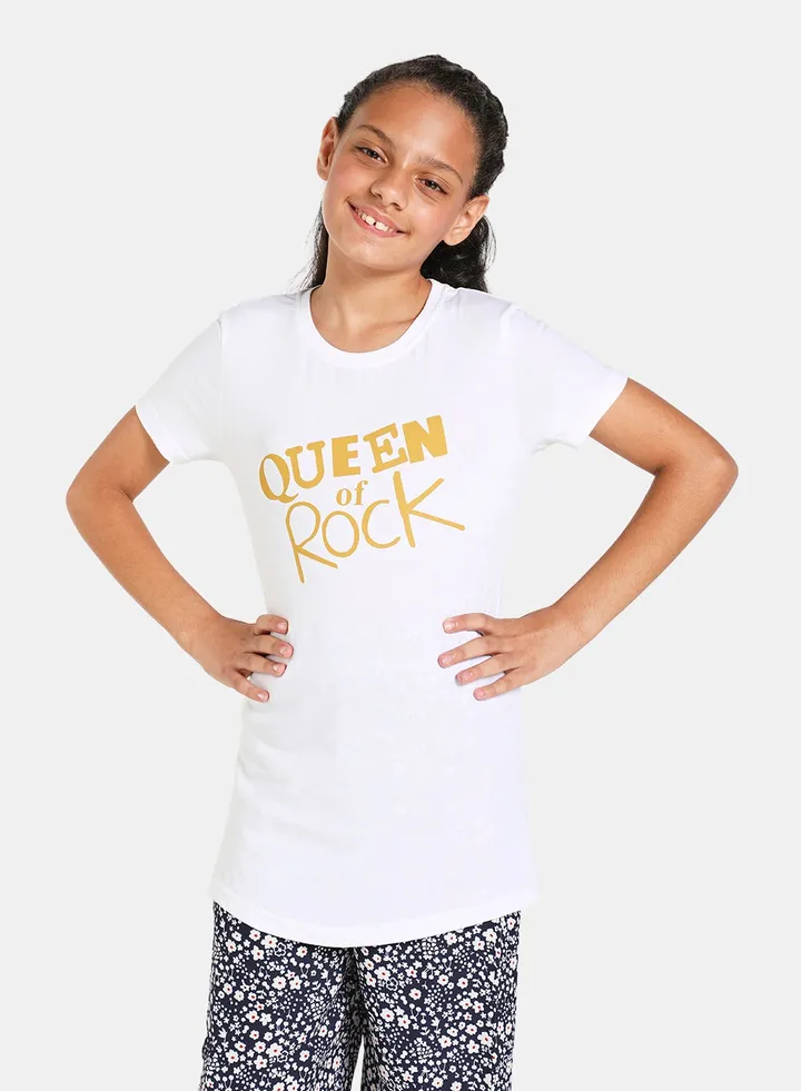 Girls Round Neck Short Sleeve T-Shirt Bright White