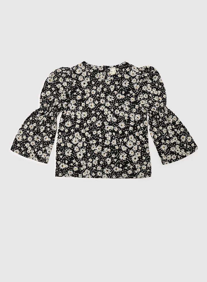 Round Neck Floral Printed Top Black/White/Yellow