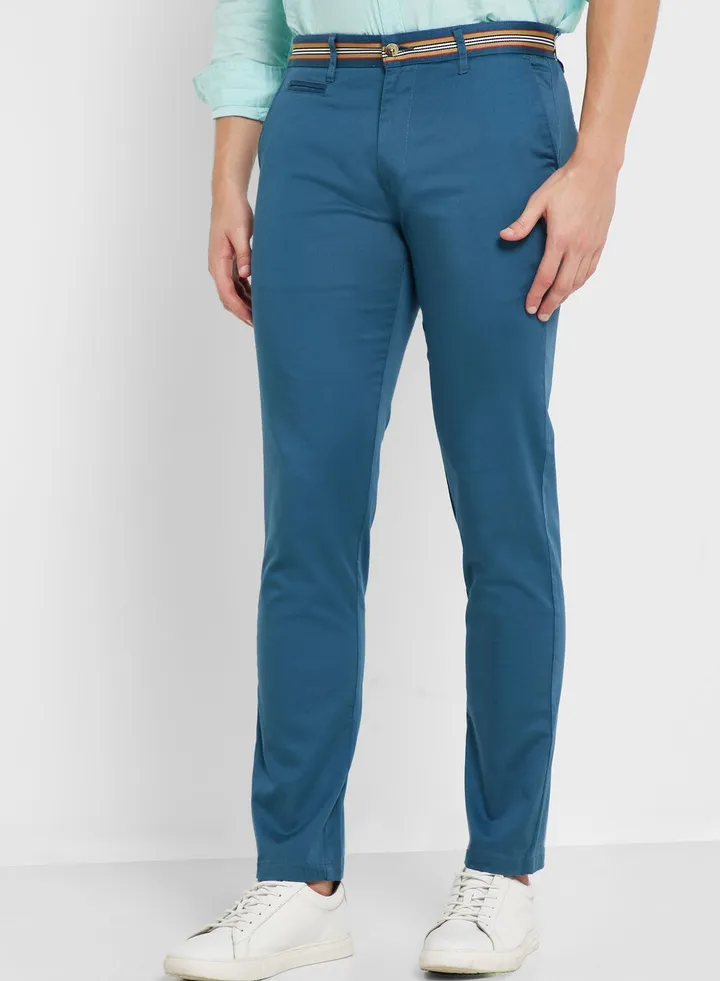 Men Blue Cotton Slim Fit Chinos Trousers