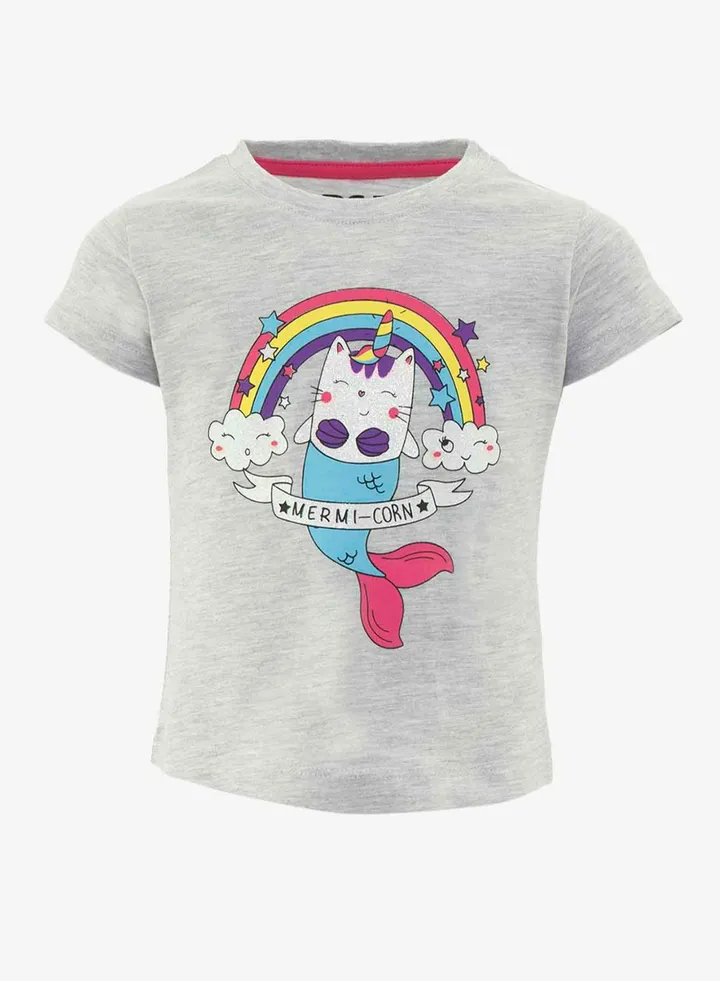 Casual Baby Girls Cotton Printed Crew Neck T-Shirt Grey Melange