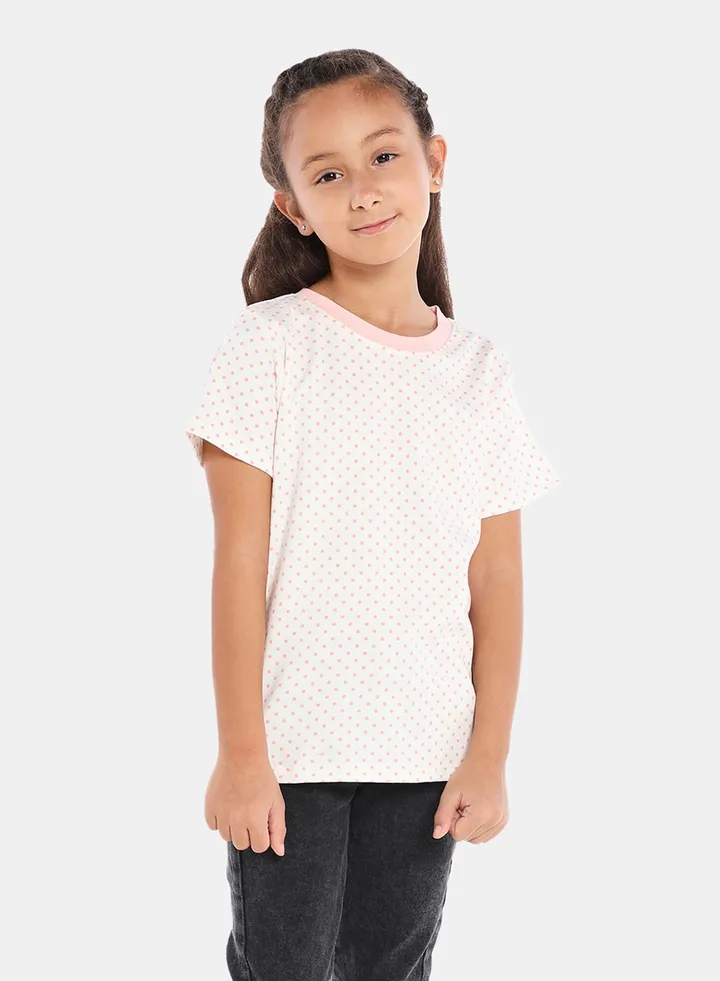 Polka Dot Printed Crew Neck T-Shirt White/Pink