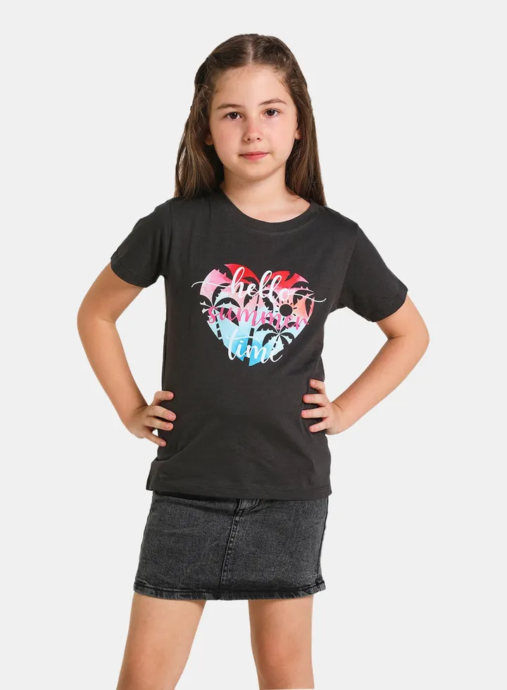 Girls Crew Neck Short Sleeve T-Shirt Jet Black