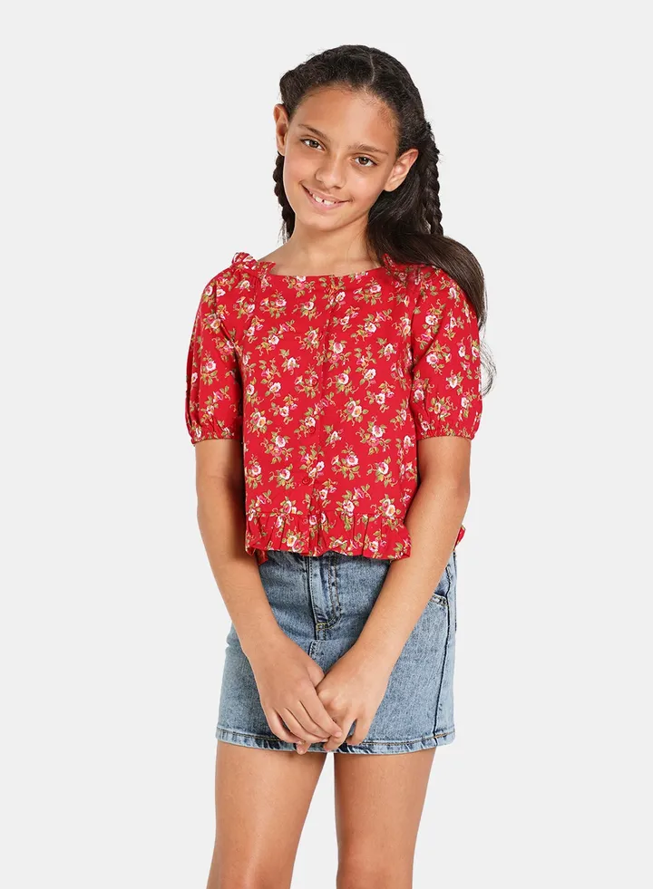 Puff Sleeve Floral Print Top Scarelet Red