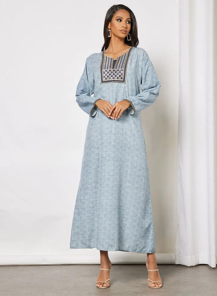 All-Over Printed Long Sleeve Cotton Jalabiya