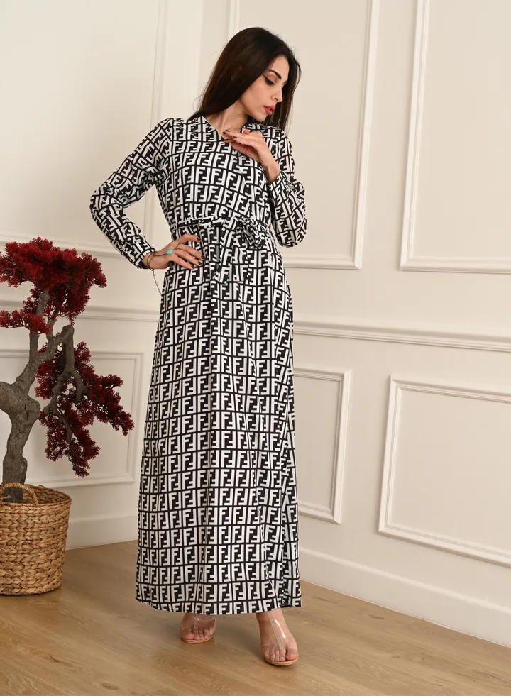 Elegant Maxi Jalabiya with long sleeves ,Black-White