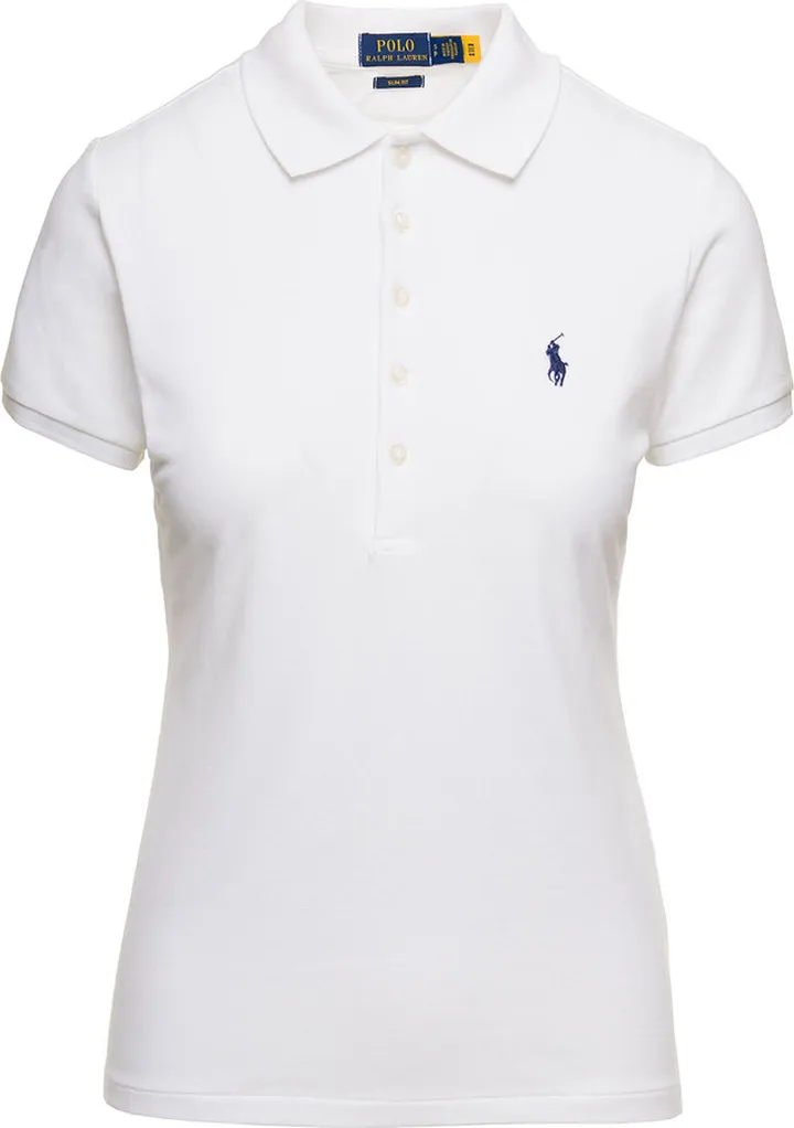 White Slim Polo Shirt With Contrasting Logo Embroidery In Stretch Cotton Woman