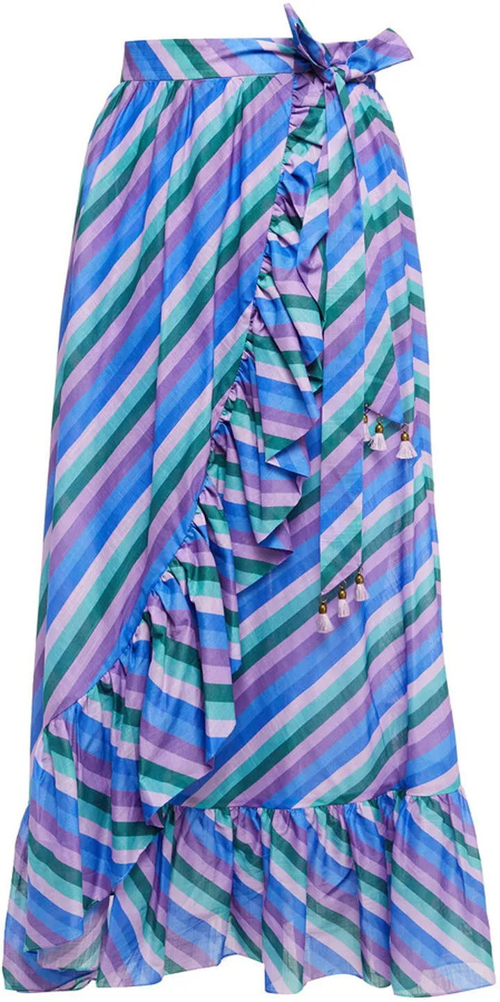 Poppy ruffled striped cotton midi wrap skirt