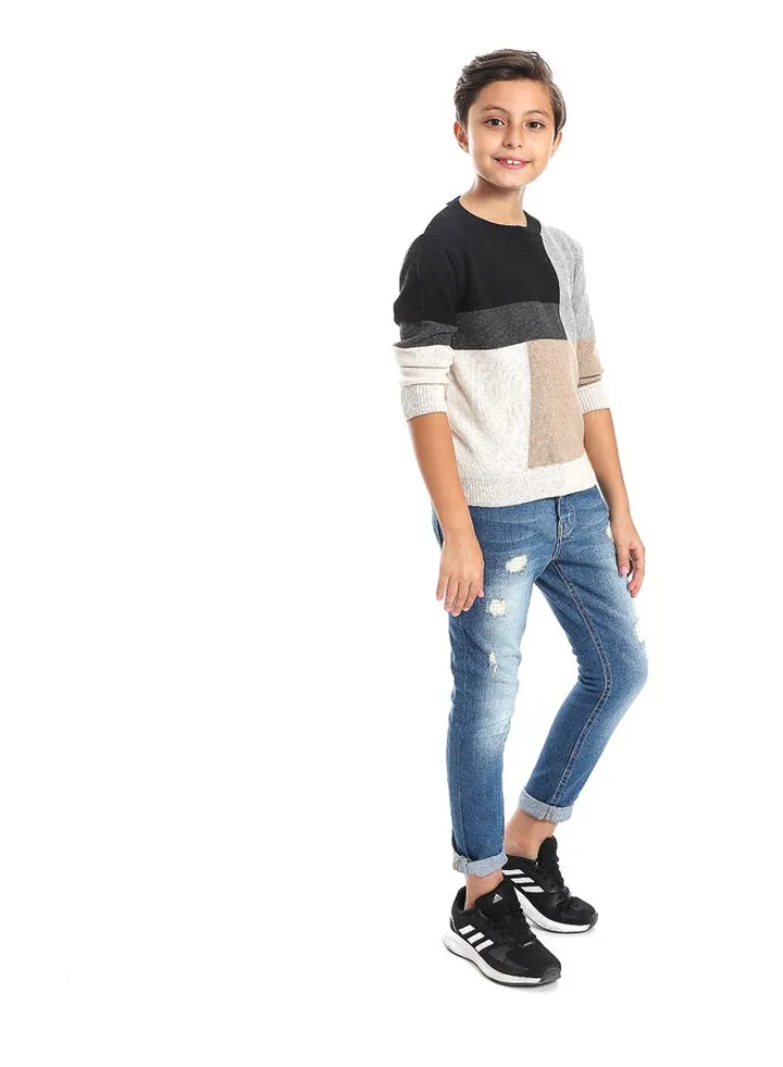 Black, Shades Of Grey & Beige Crew Boys Pullover_Multicolour