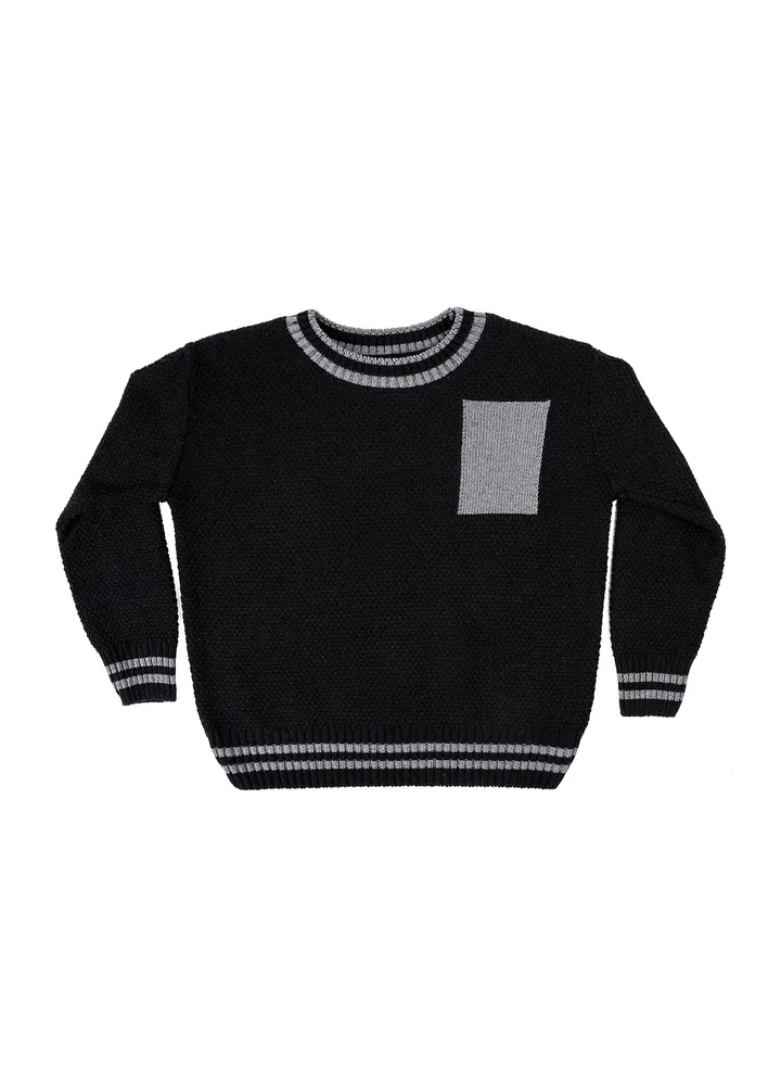 Boys Chunky Knit With Grey Pach Black Pullover