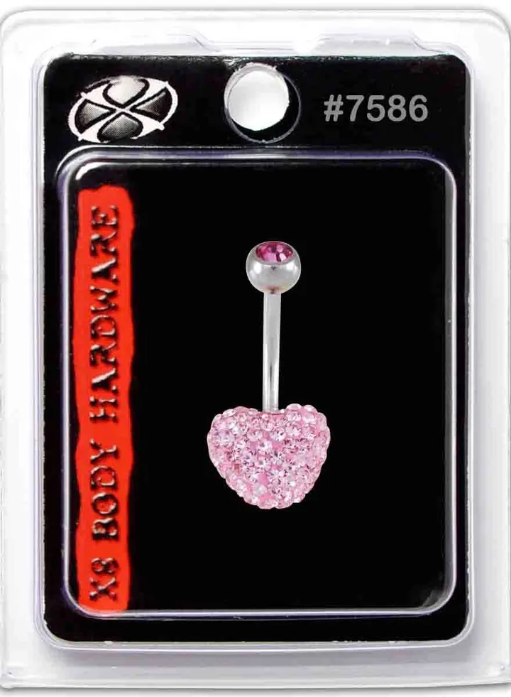 14G Surgical Stainless Steel 316L Rose Heart Sparkle Navel Ring