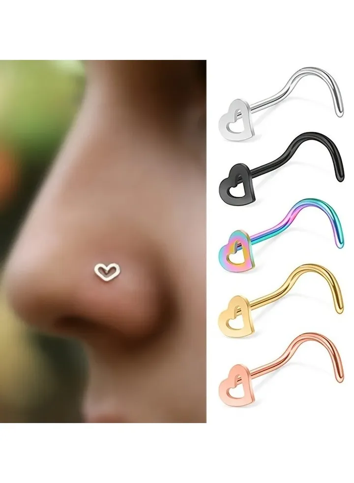 5pcs Hollow Heart Nose Stud Set Stainless Steel