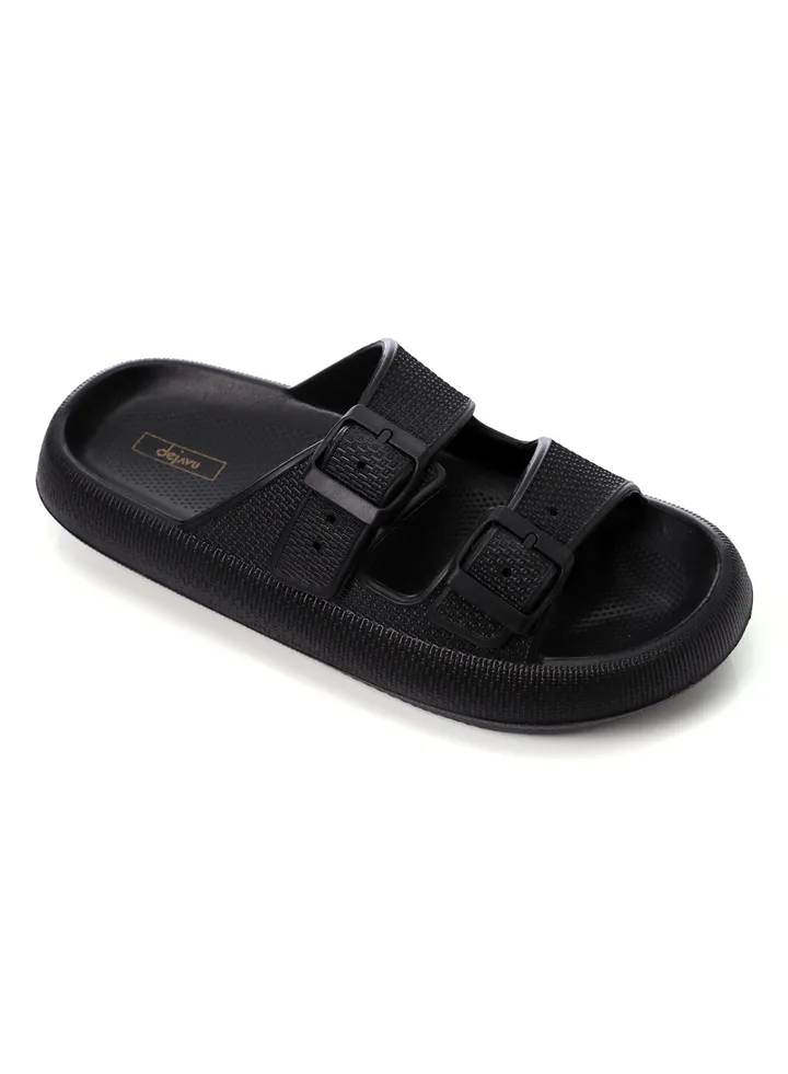 Adjustable Double Buckled Cloud Slippers - Black
