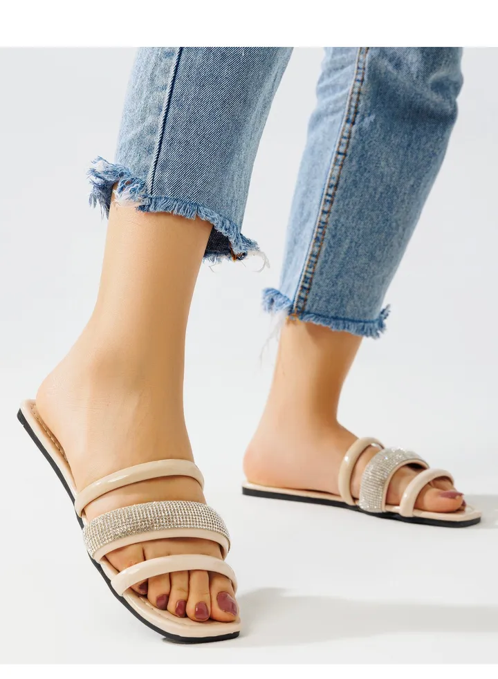 Elegant Leather Flat Slipper With Straps - Beige