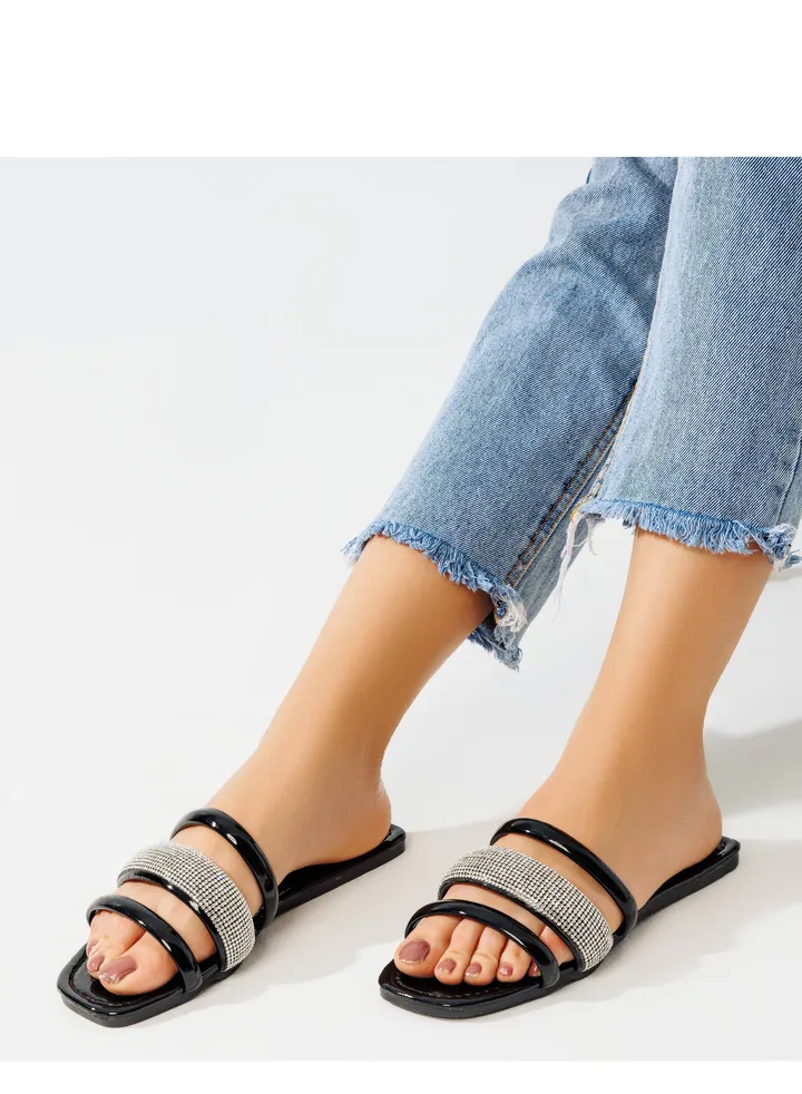 Elegant Leather Flat Slipper With Straps - Black