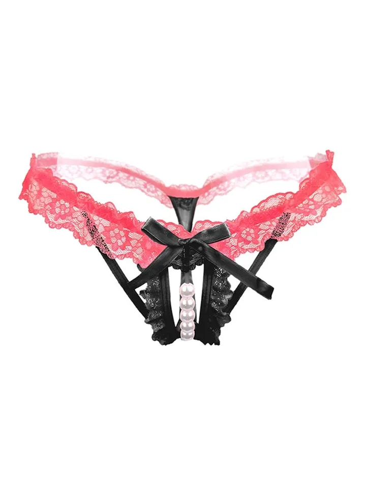 Hollow Lace Pearl Briefs Pink/Black