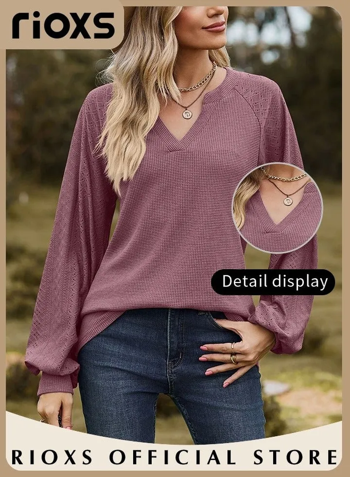 Women's V-neck Long Sleeve Shirt Knitted Loose Sleeves Fitted Solid Color Jacquard Tops Soft and Comfortable Pullover Shirt