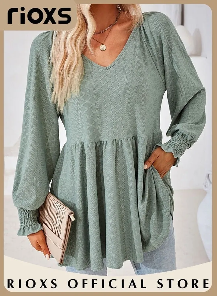 Women's Casual V-Neck High Waist Long Sleeve Blouse Shirt Elegant Jacquard Solid Color Ruffle Cuff Hem Peplum Top