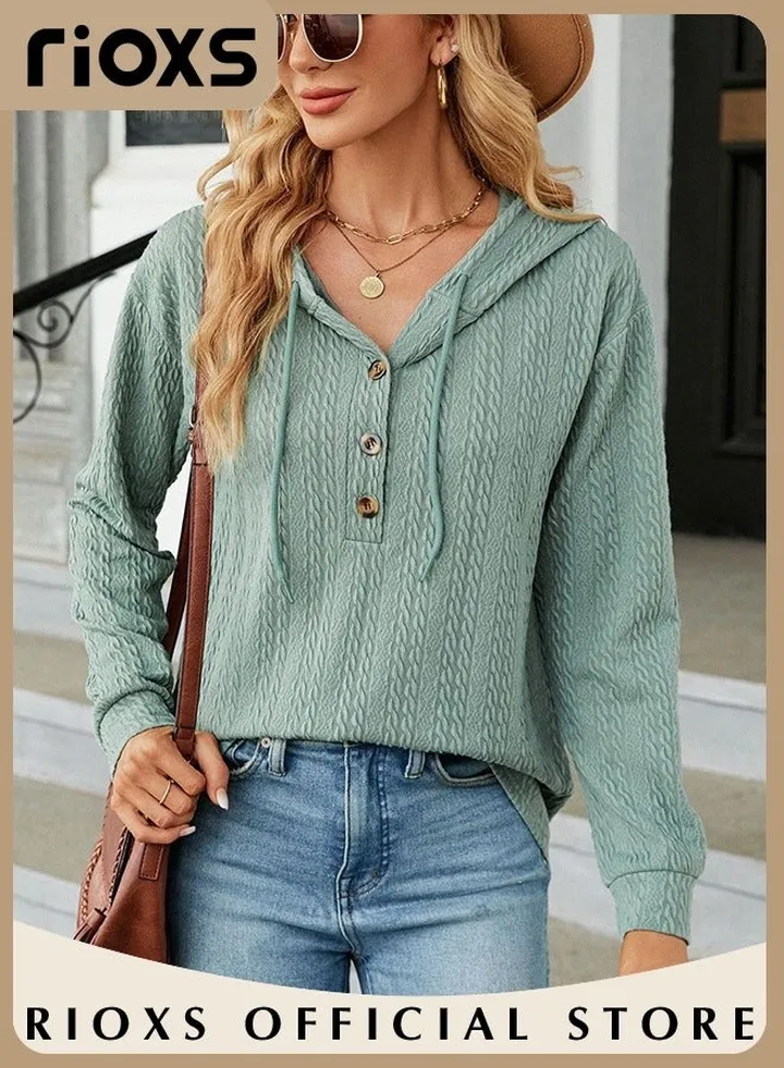 Women's V-neck Button Long Sleeve Shirt Hooded Knitted Solid Color Jacquard Tops Soft and Comfortable Pullover Shirt