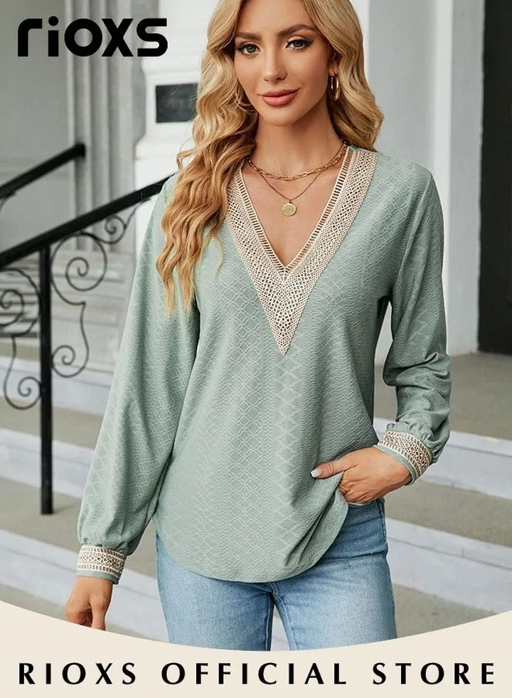 Women's Lace Stitching V-neck Long Sleeve Blouse Knitted Lace Cuff Solid Color Jacquard Tops Soft and Comfortable Pullover Shirt