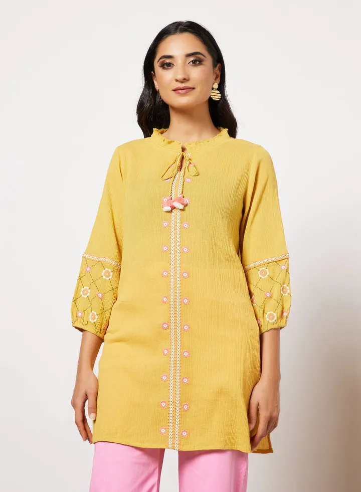 Floral Embroidered Tunic Mustard