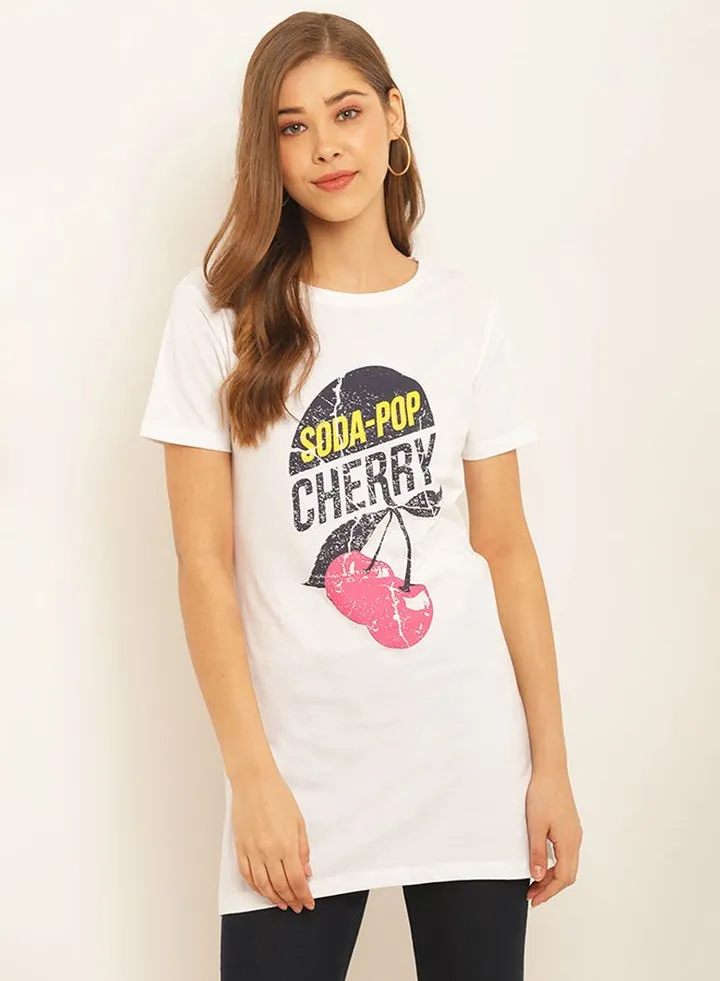 Printed Round Neck Casual Wear Tunic White