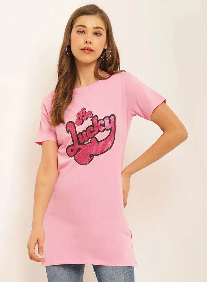 Printed Round Neck Casual Wear Tunic Light Pink
