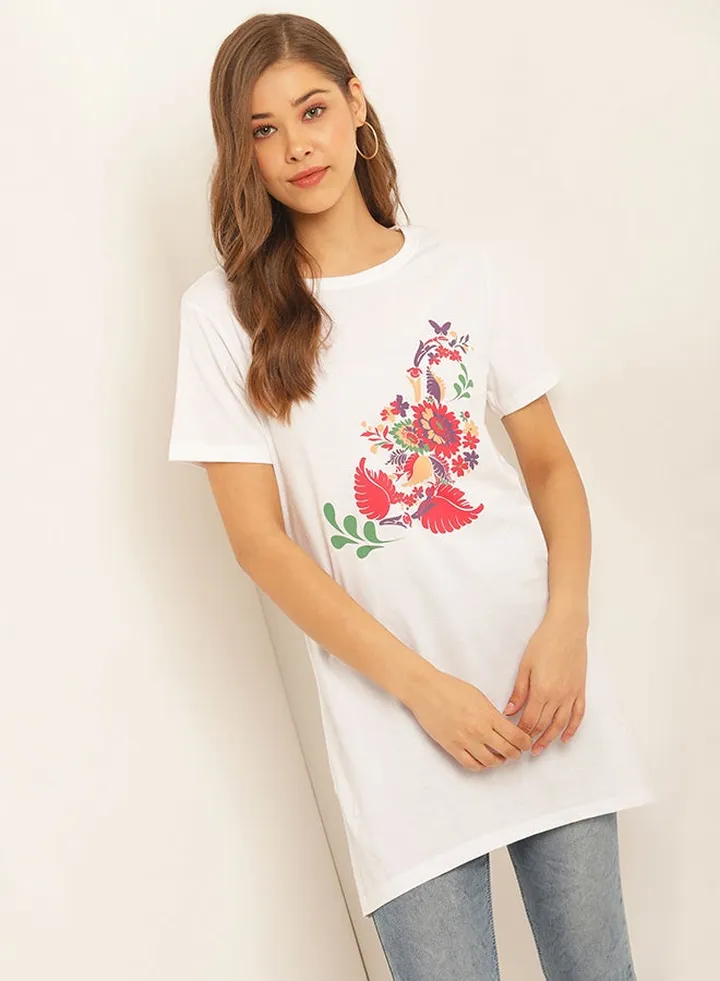 Printed Round Neck Casual Wear Tunic White