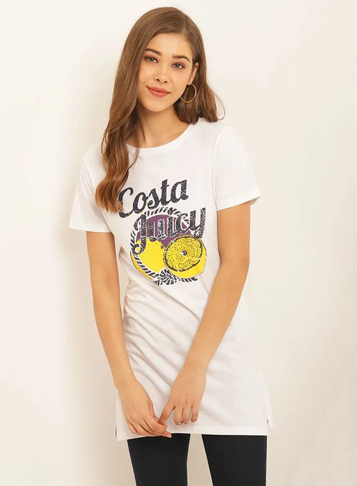 Printed Round Neck Casual Wear Tunic White