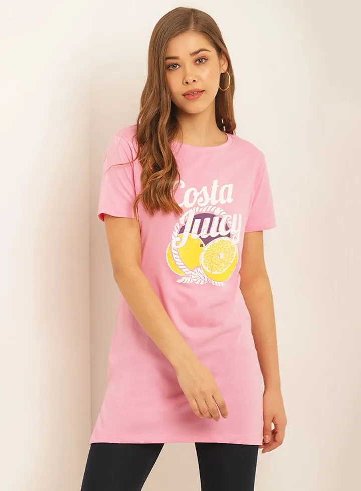 Printed Round Neck Casual Wear Tunic Light Pink
