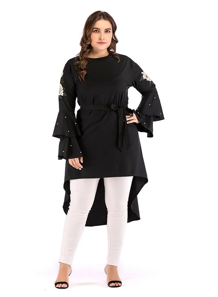 Embroidery Sleeves Asymmetrical Top Black